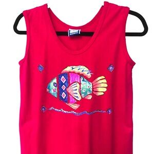 Y2K Bay Studio Womens Maxi Tank Dress VTG Beach Playful Diva Fish USA Coastal S
